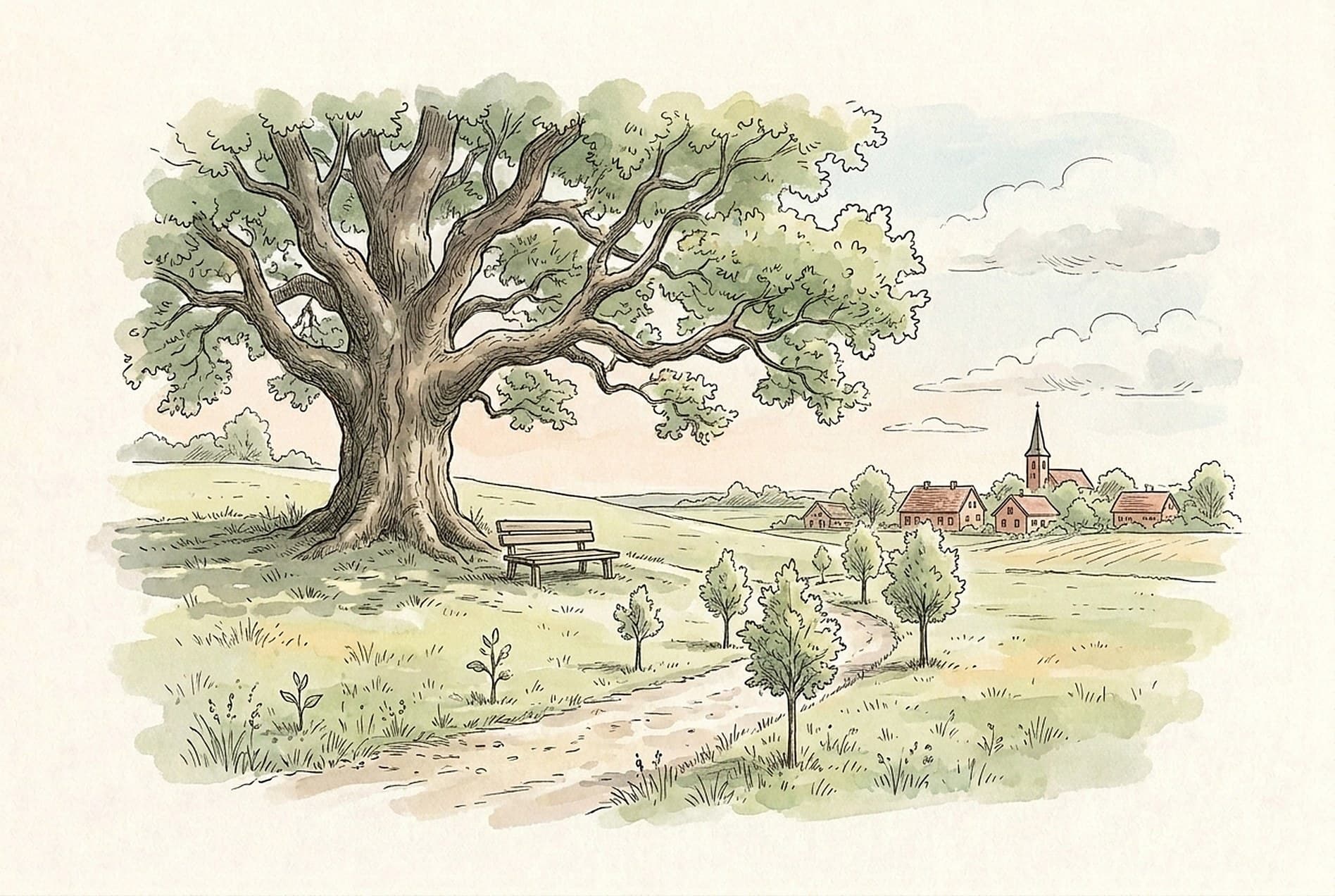 Tuschezeichnung mit Aquarell: eine alte Eiche mit Bank am Feldweg, daneben junge Bäume, dahinter ein Dorf mit Kirche